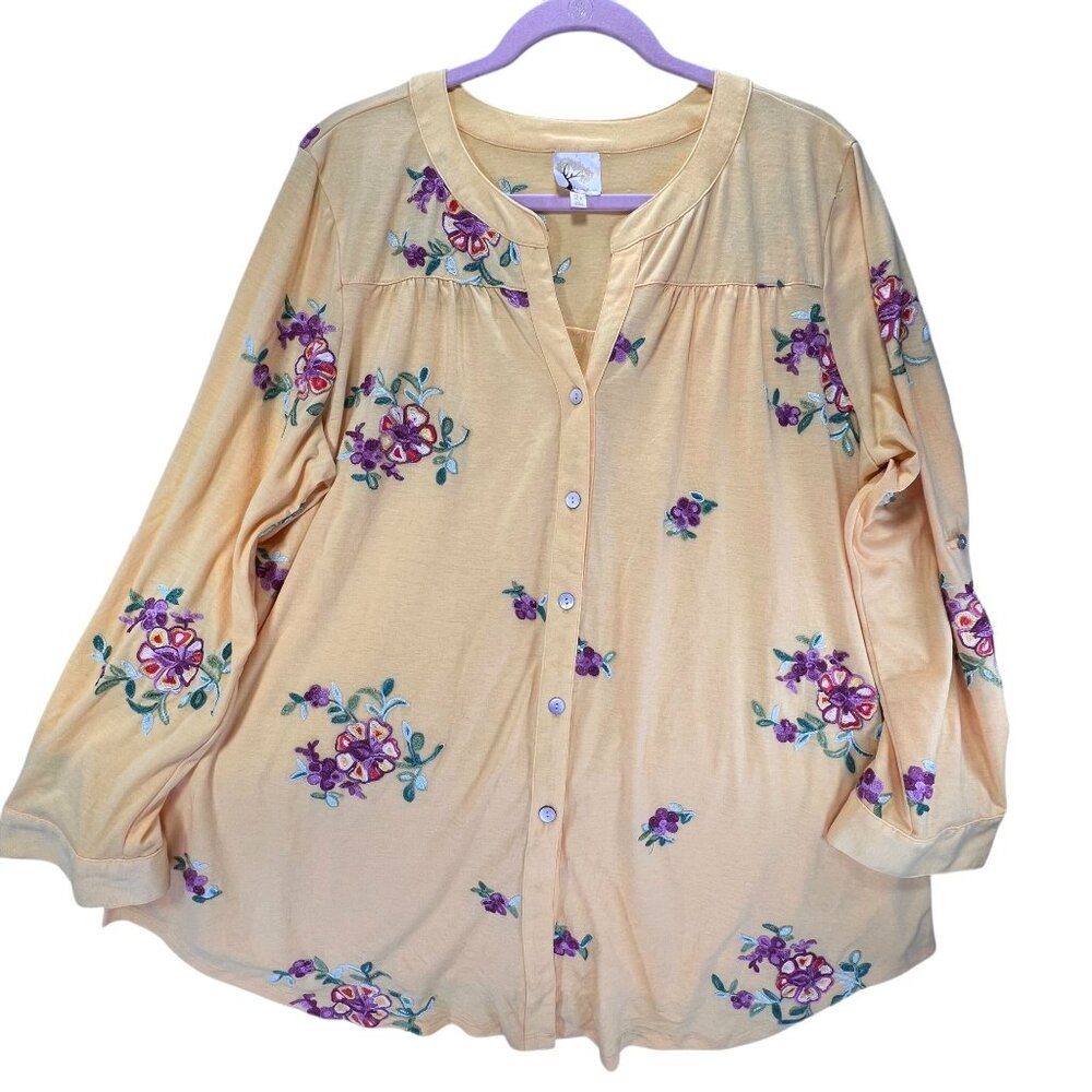 Fig & Flower Yellow Floral Embroidered Tunic Blouse 2X Buttons Boho Cottagecore